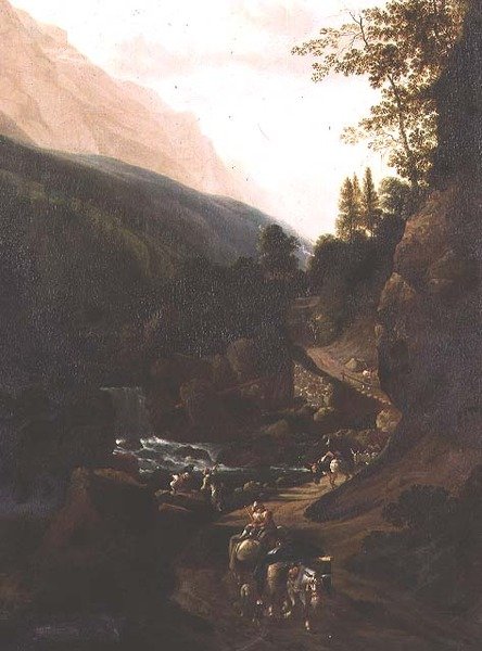 Muli su un sentiero di montagna vicino a un torrente da Jan (circle of) Hackaert