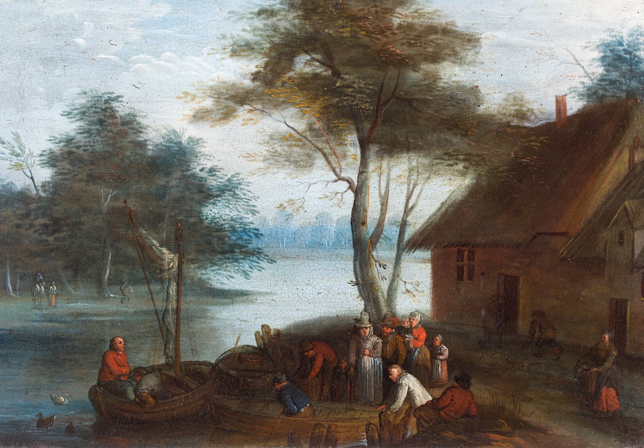 Paesaggio fluviale con figure vicino a un edificio che salgono su barche da Jan (follower of) Brueghel