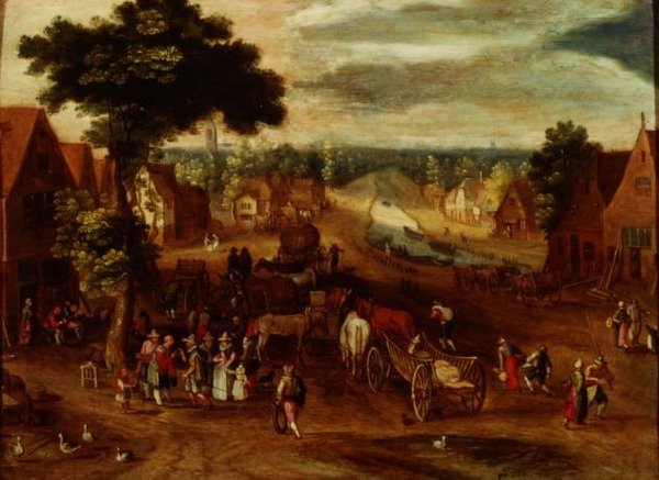 Un villaggio con viaggiatori fuori da una locanda da Jan (follower of) Brueghel