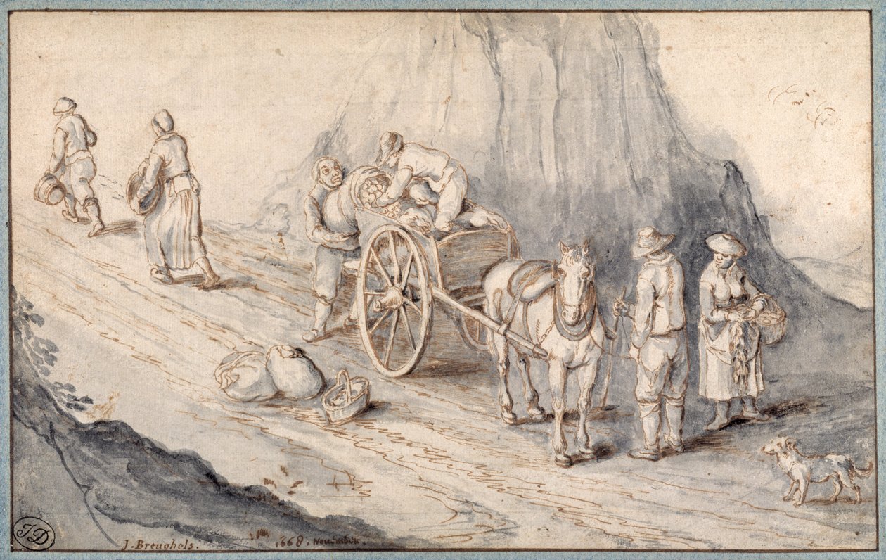 Contadini che caricano un carro a un cavallo con ortaggi a radice da Jan (follower of) Brueghel