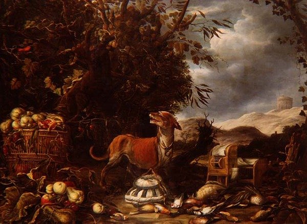 Natura morta di caccia con uccelli morti, gabbie per uccelli, frutta e un cane vicino a un pergolato in un paesaggio da Jan (follower of) Fyt