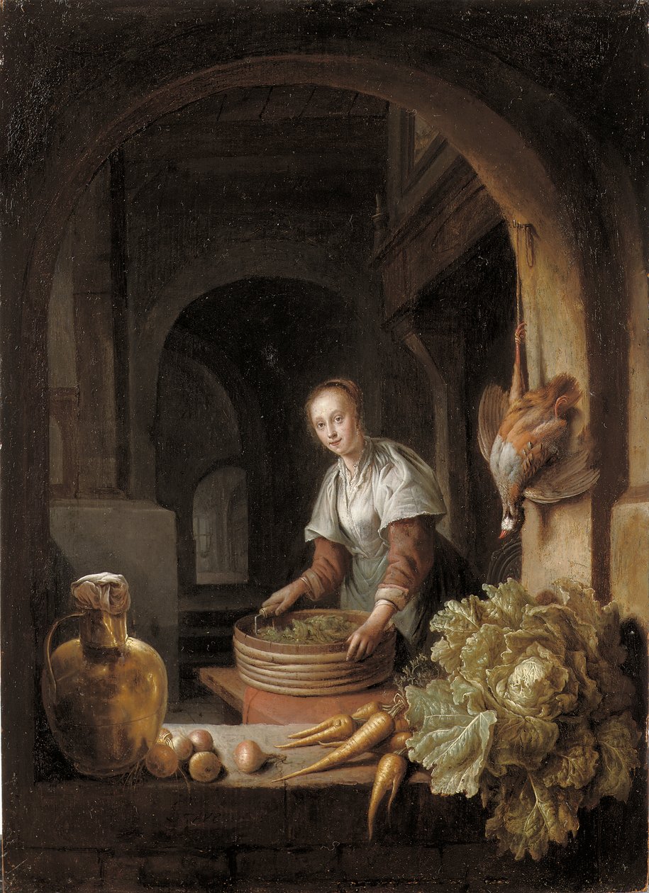 Una domestica che prepara verdure in cucina da Jan Adriansz van Staveren