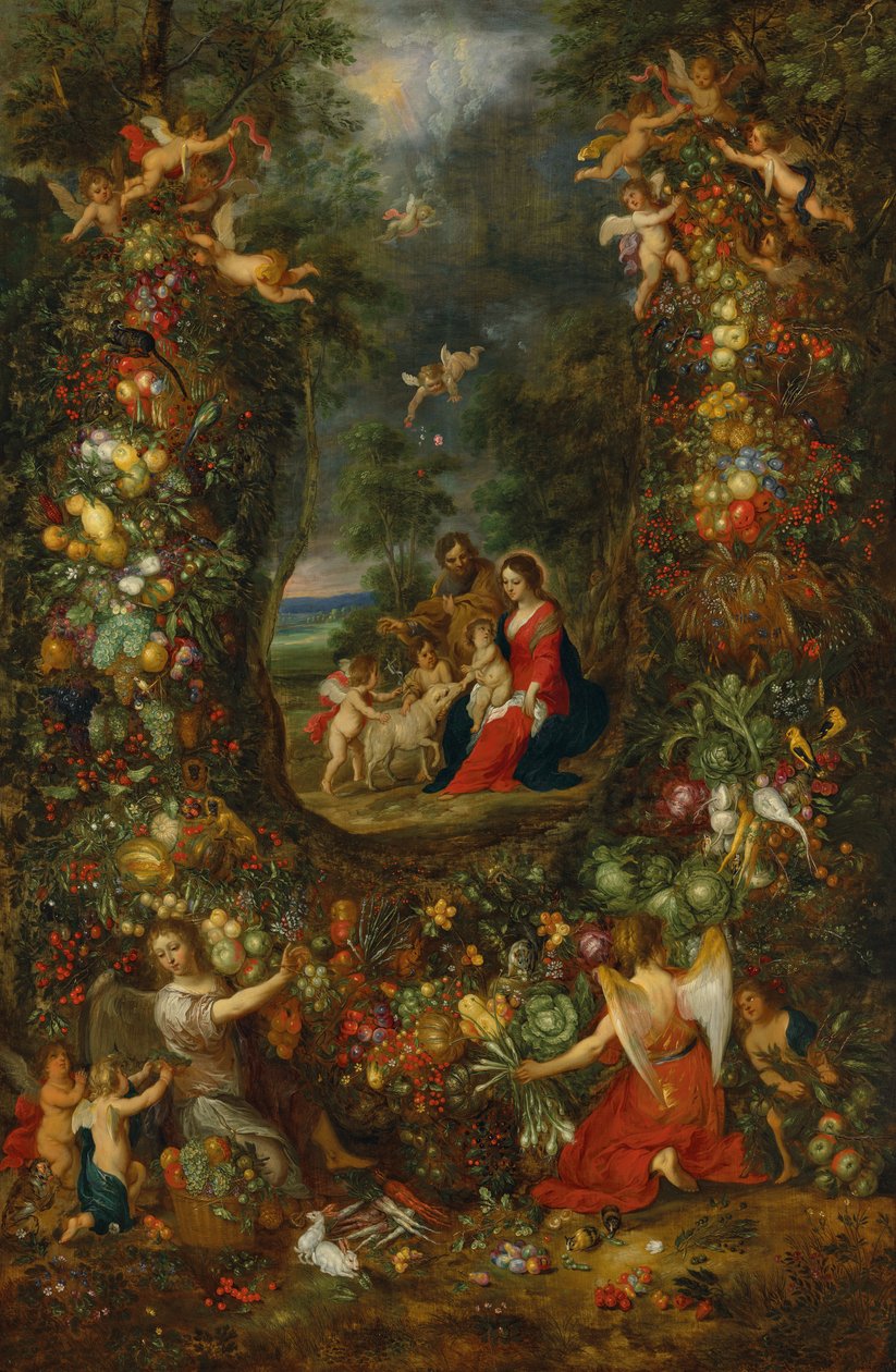 La Sacra Famiglia circondata da una ghirlanda di frutta sostenuta da putti (olio su tavola) da Jan & Balen Hendrik van (1575-1632) Brueghel