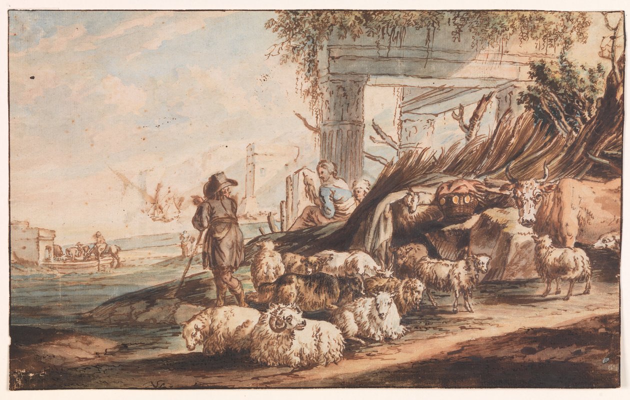 Pastore con un gregge di pecore e una mucca tra le rovine da Jan Baptist Weenix