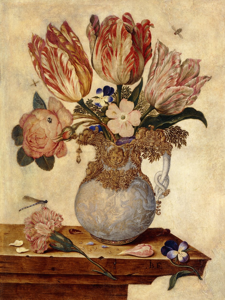 Tulipani, non ti scordar di me, peonie e altri fiori in un vaso su un cornicione da Jan Baptist van Fornenburgh