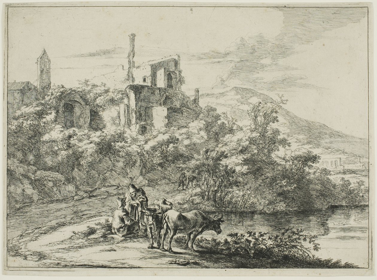 Paesaggio con rovine e due mucche al bordo dell