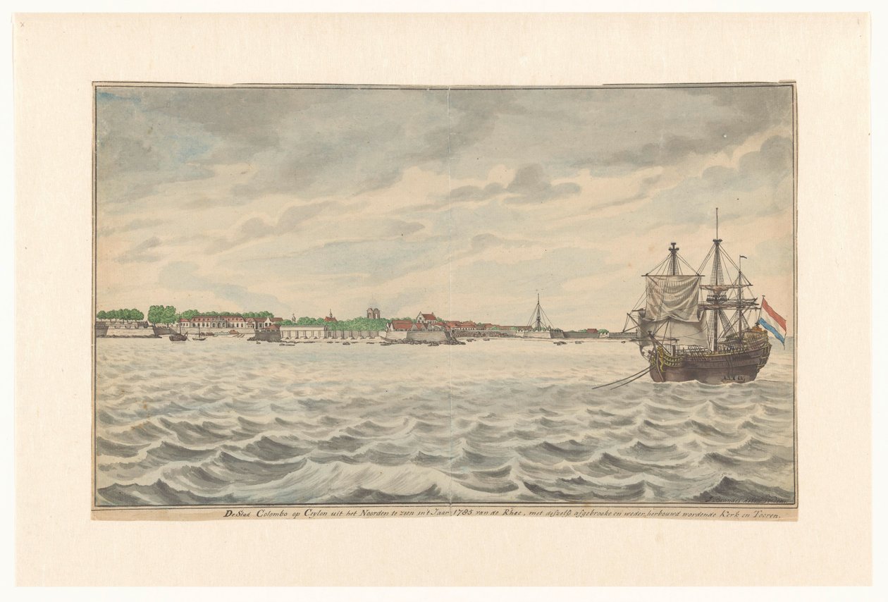 La città di Colombo a Ceylon vista da nord nel 1785 con la sua chiesa e torre demolite, che erano in fase di ricostruzione da Jan Brandes (signed by artist)