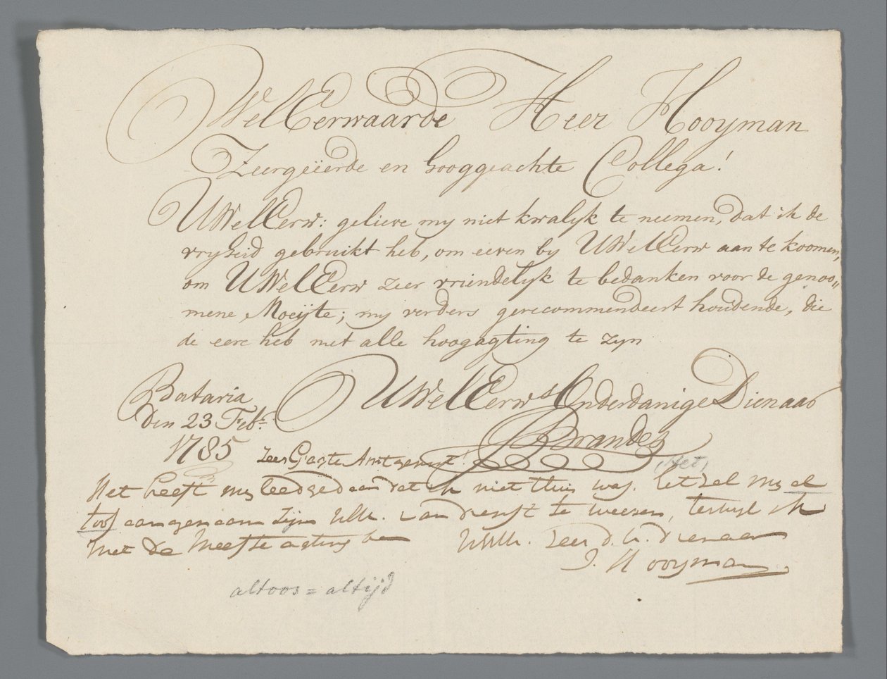 Lettera di Jan Brandes al pastore Hooyman da Jan Brandes