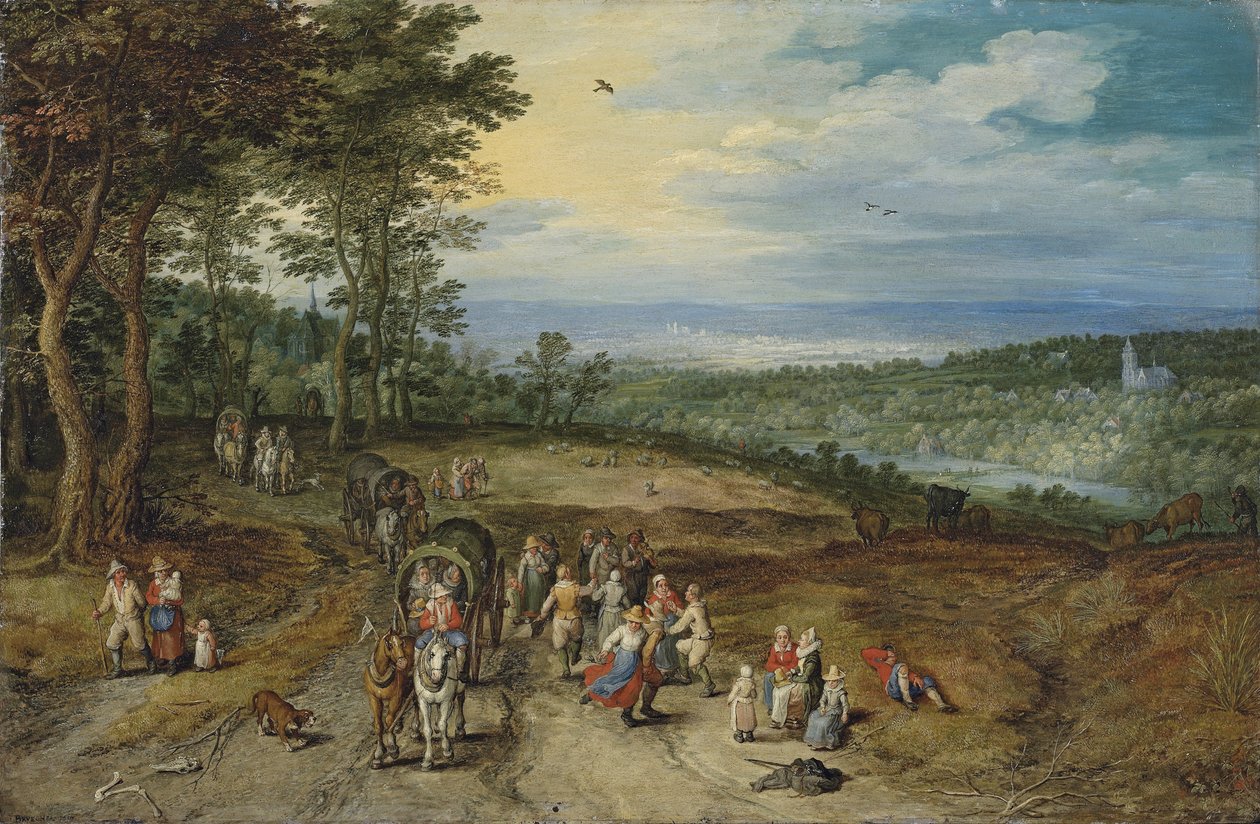 Un vasto paesaggio boscoso con viaggiatori su un sentiero e contadini che danzano in primo piano / Landscape with Travellers and Peasants on a Track da Jan Brueghel the Elder