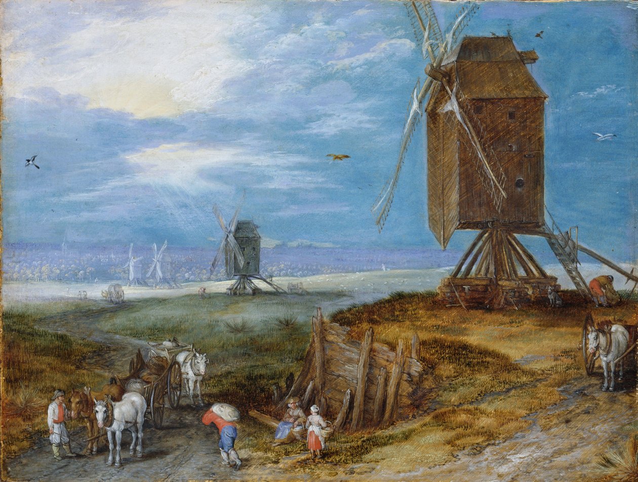 Olandese: Paesaggio esteso con mulini, contadini e carrozze in primo piano Paesaggio esteso con mulini, contadini e carrozze in primo piano da Jan Brueghel the Elder