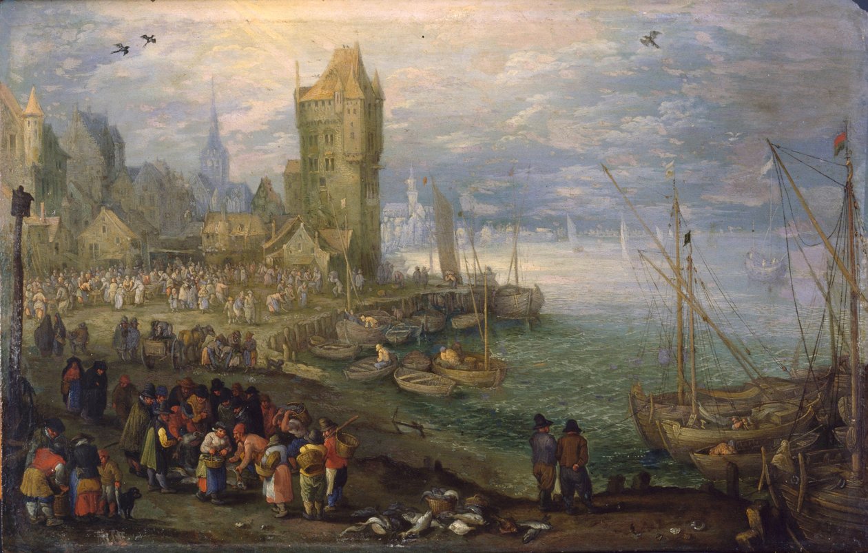 Olandese: Mercato del pesce vicino al porto Mercato del pesce vicino al porto da Jan Brueghel the Elder