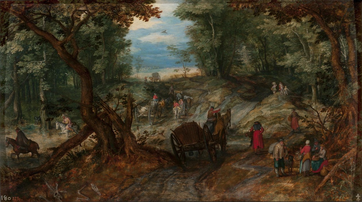 Foresta con carri che attraversano un ruscello e cavalieri da Jan Brueghel the Elder