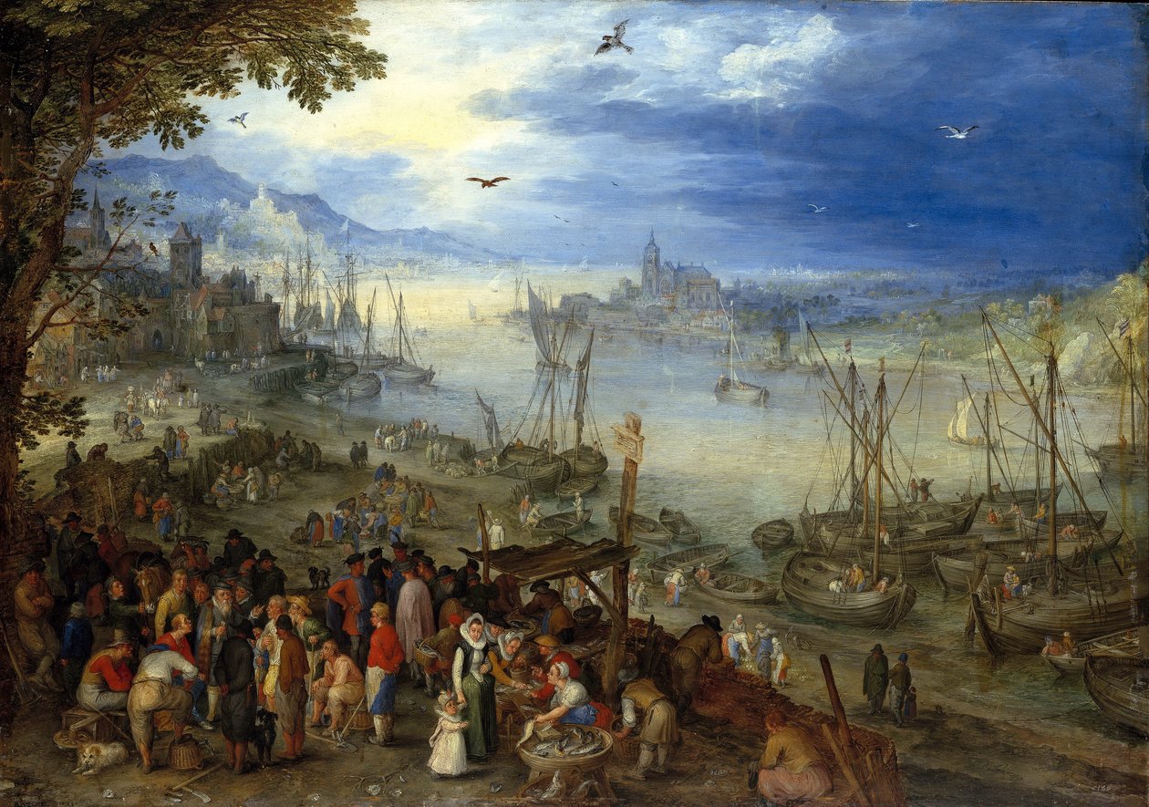 Tedesco: Fischmarkt am Ufer eines Flusses Mercato del pesce sulle rive di un fiume da Jan Brueghel the Elder