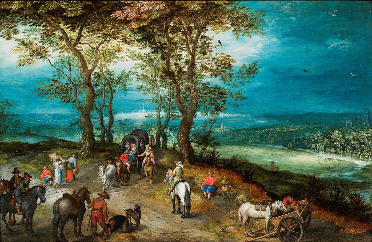 Un vasto paesaggio con carro a cavalli e viaggiatori su una strada da Jan Brueghel the Younger