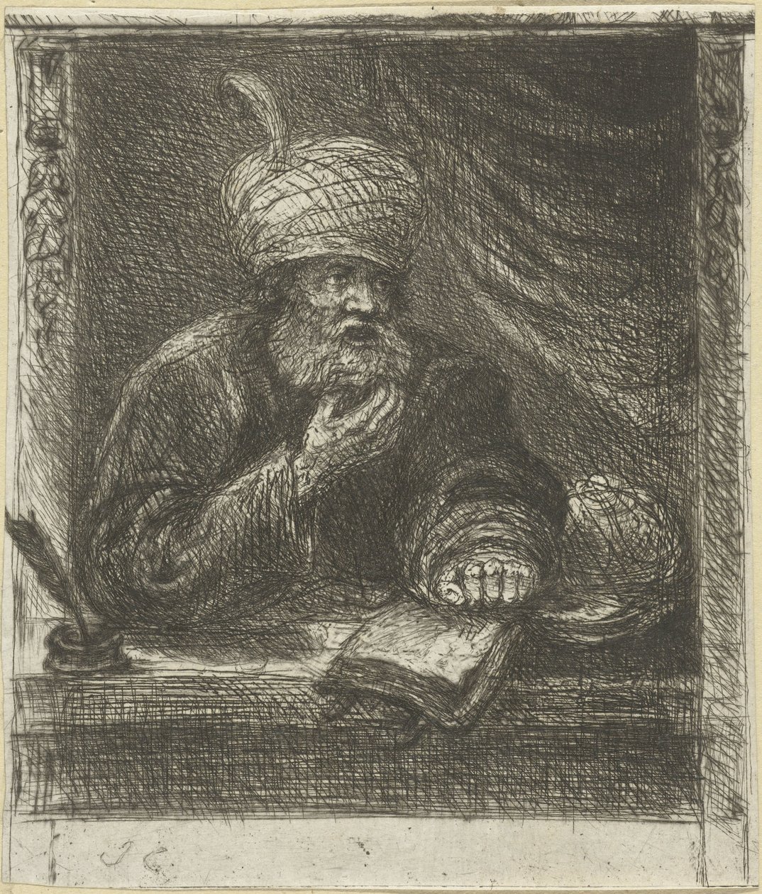 Uomo con turbante dietro un tavolo da scrittura da Jan Chalon