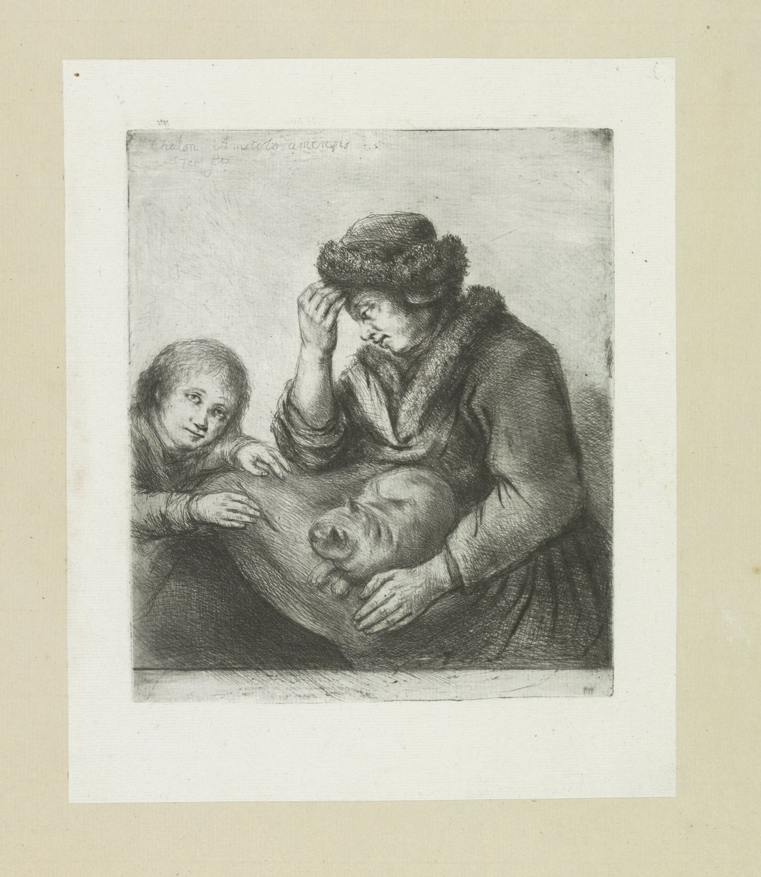 Madre con bambino e gatto (serie: The Compleat Work of Etchings by John Chalon) da Jan Chalon