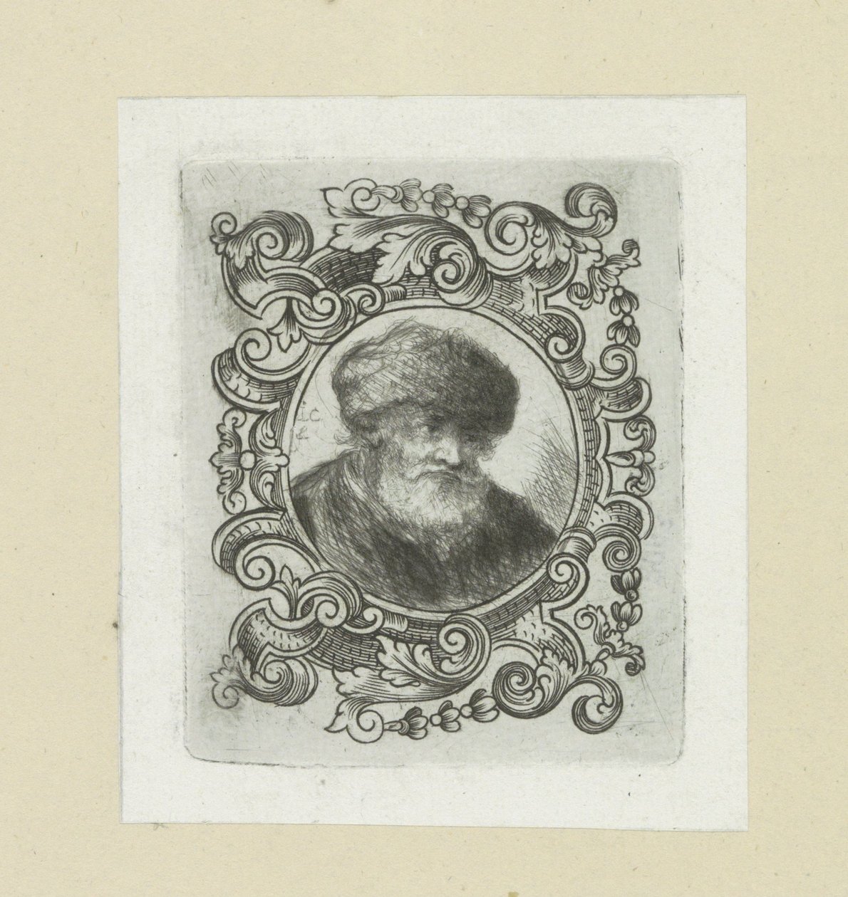 Vecchio con cappello di pelliccia in cornice ornamentale (The Compleat Work of Etchings by John Chalon) da Jan Chalon