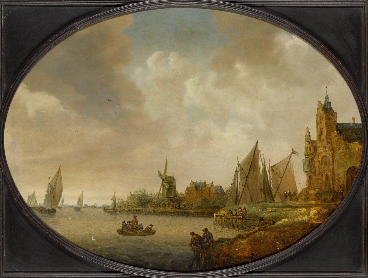 Paesaggio fluviale con mulino a vento, edificio portuale e imbarcazioni a vela da Jan Coelenbier