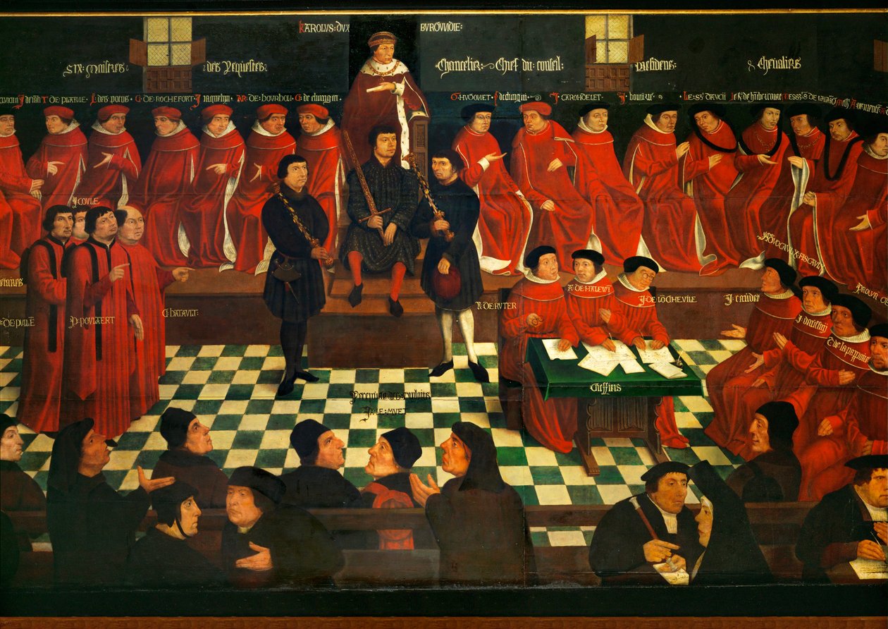 Sessione solenne di apertura del Parlamento di Borgogna a Mechelen (dipinto su legno di quercia) da Jan Coessaet