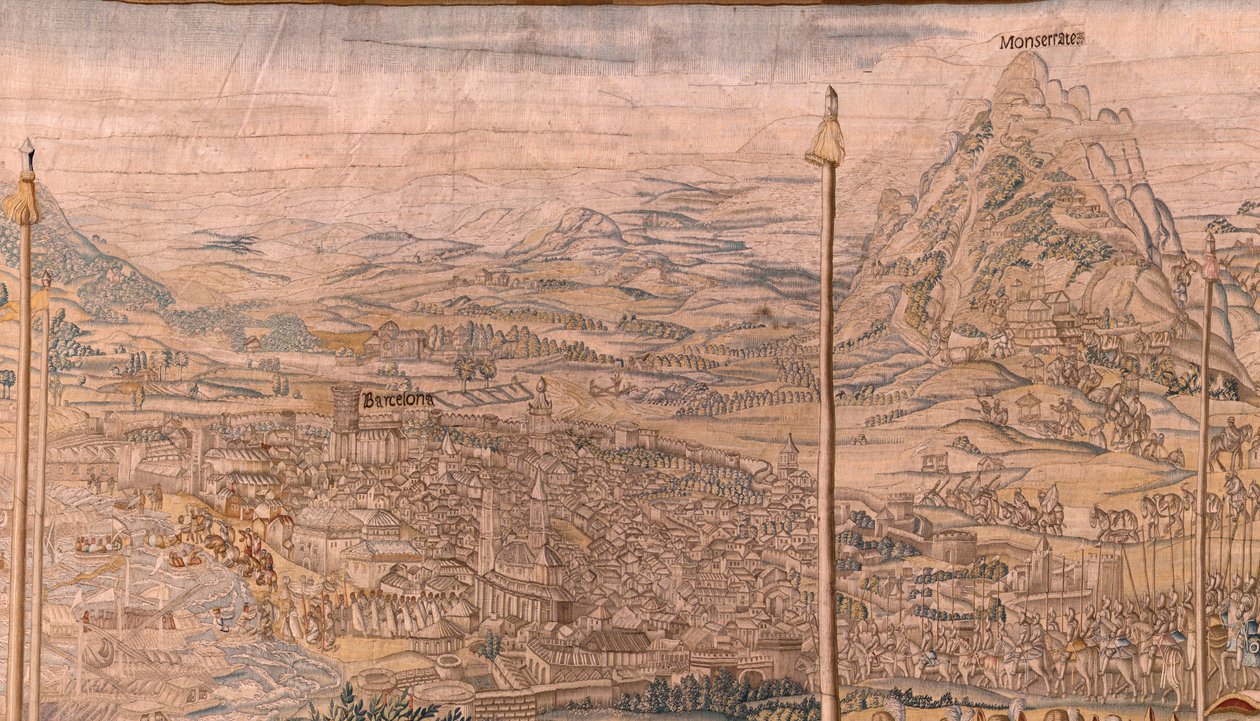 Arazzo fiammingo. Serie La Conquista di Tunisi. Revisione delle truppe a Barcellona. Secondo arazzo della serie. Modello Jan Vermeyen e Pieter Coecke van Aelst. 1543-1548. Manifattura Real Fábrica de Tapices de Santa Bárbara, Madrid da Jan Cornelisz Vermeyen
