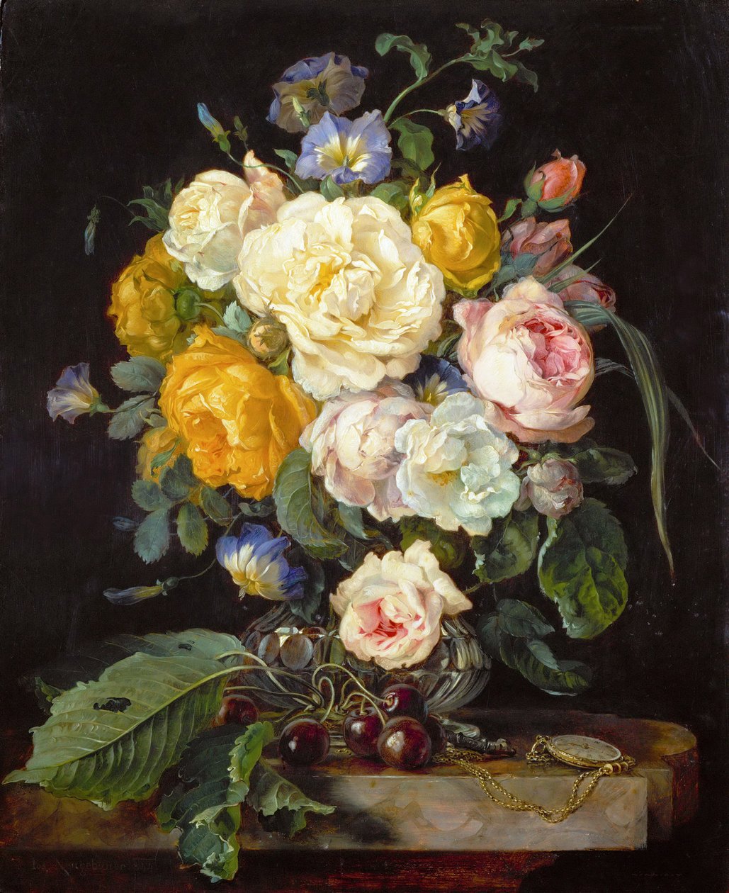 Natura morta con peonie, ciliegie e un orologio da tasca da Jan Davidsz de Heem