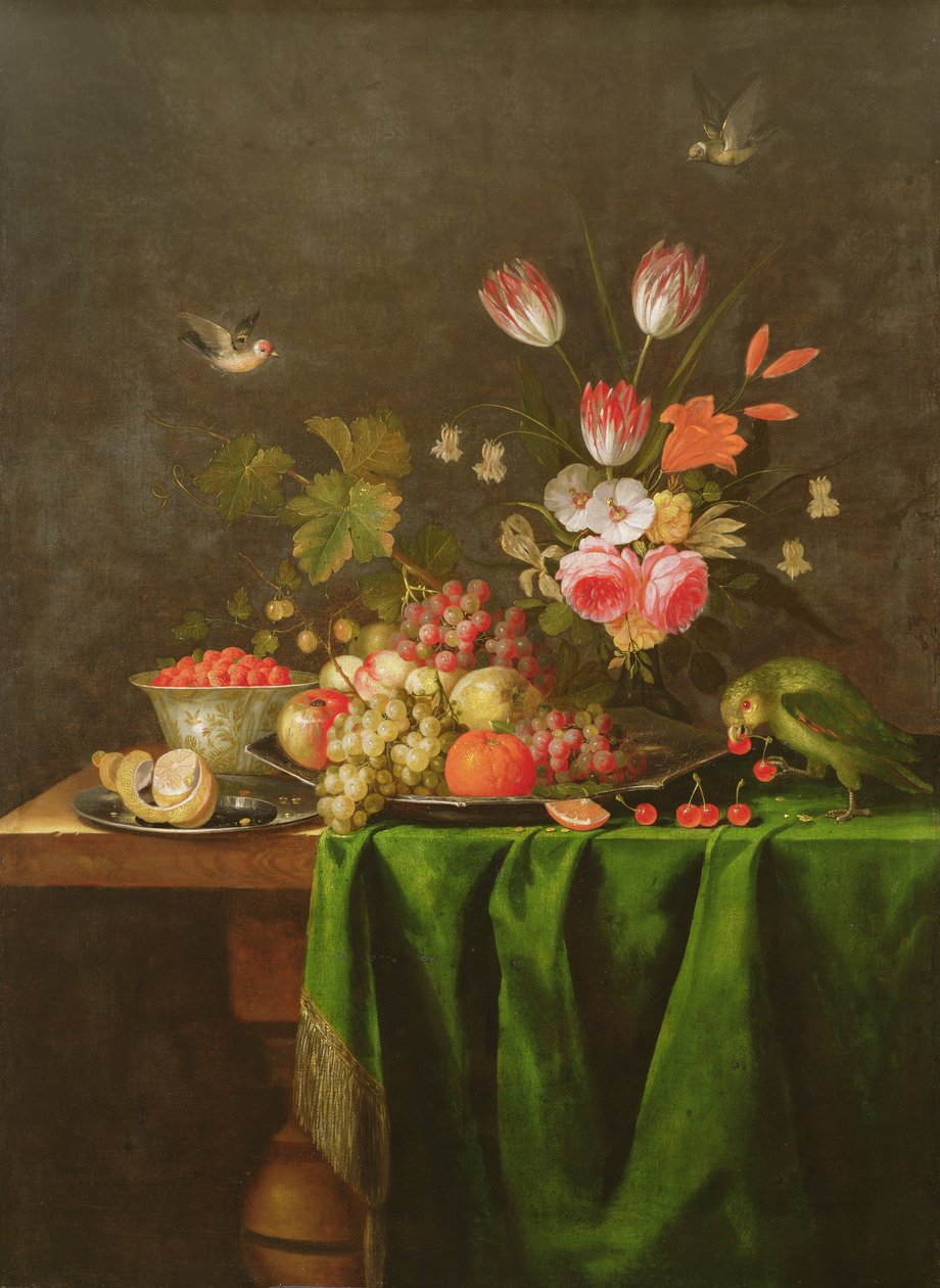 Natura morta di frutta e fiori con un pappagallo su un tavolo coperto da un panno verde da Jan Davidsz de Heem