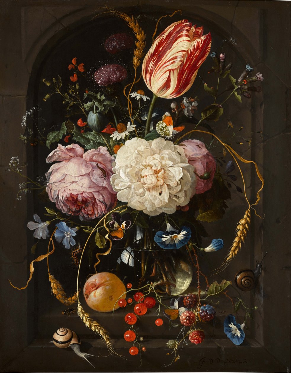 Natura morta di fiori in un vaso di vetro con insetti e frutta in una nicchia di pietra da Jan Davidsz. de Heem