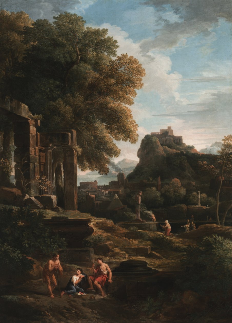Paesaggio classico con figure in primo piano, rovine a sinistra e una figura al centro che fa un sacrificio da Jan Frans van Bloemen