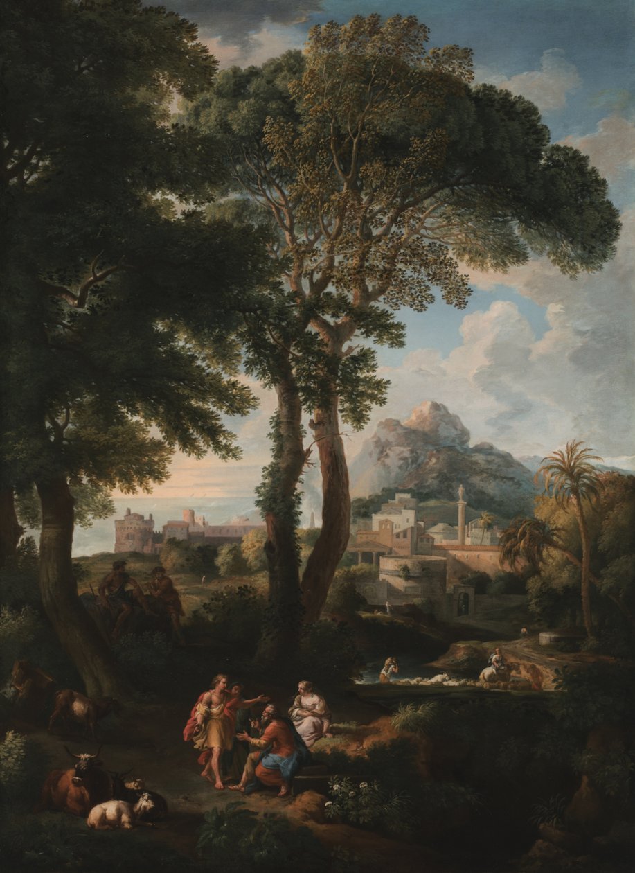 Paesaggio fluviale classico con figure che si salutano su una strada in primo piano, una vista di una città in lontananza da Jan Frans van Bloemen