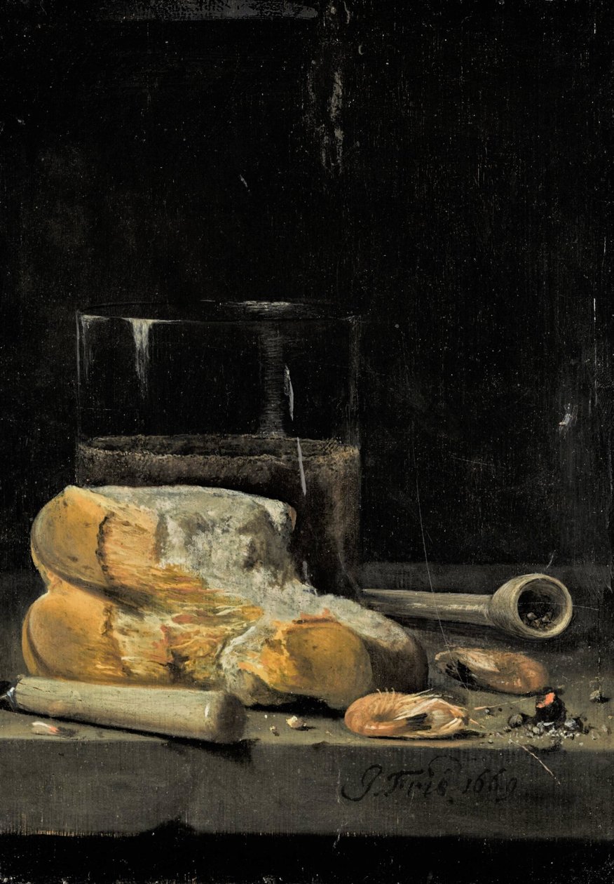 Natura morta di pane, gamberi, una pipa e un bicchiere di birra disposti su un tavolo da Jan Fris