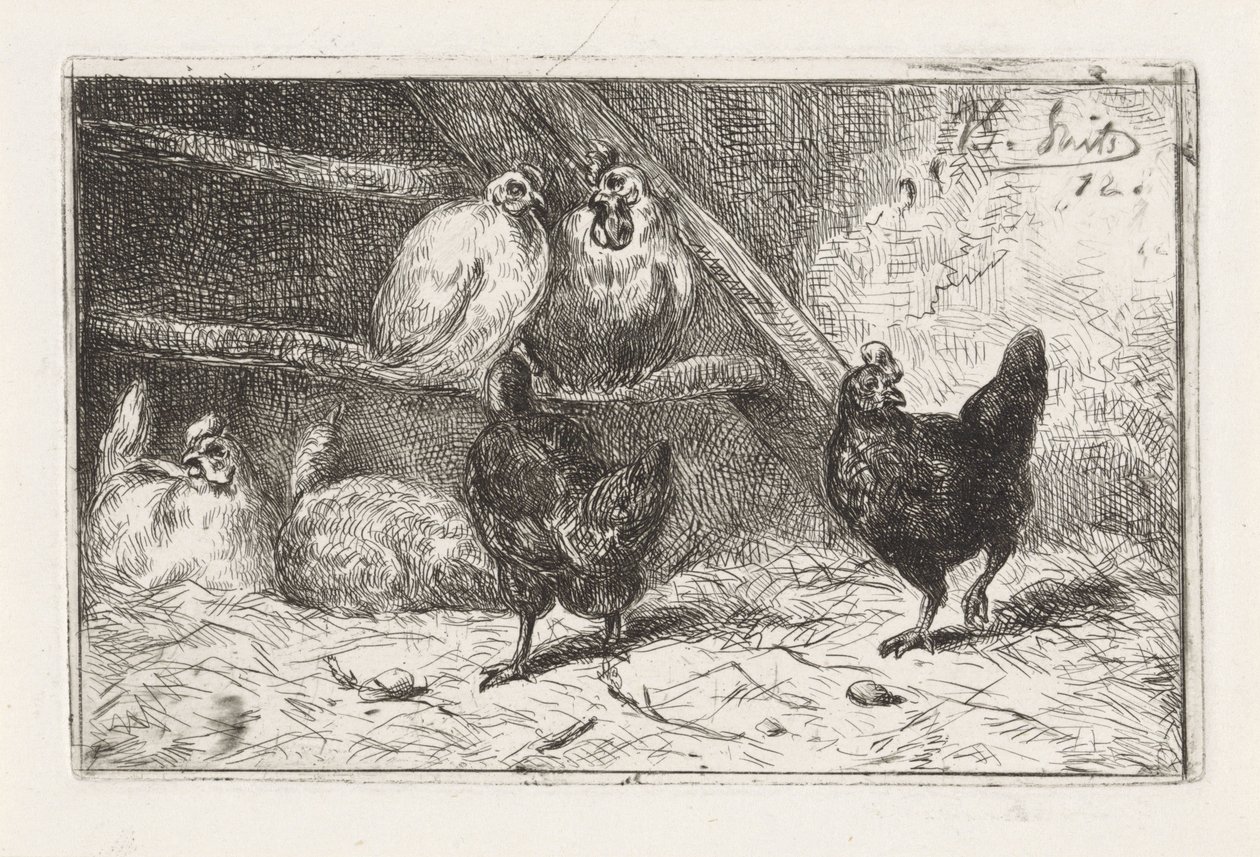 Gallo e cinque galline in un pollaio da Jan Gerard Smits