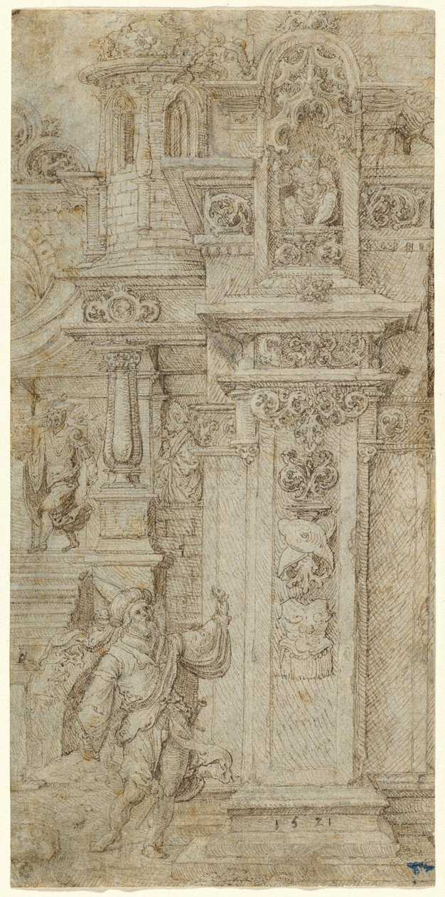 Due re e una donna che lasciano un palazzo elaborato da Jan Gossaert