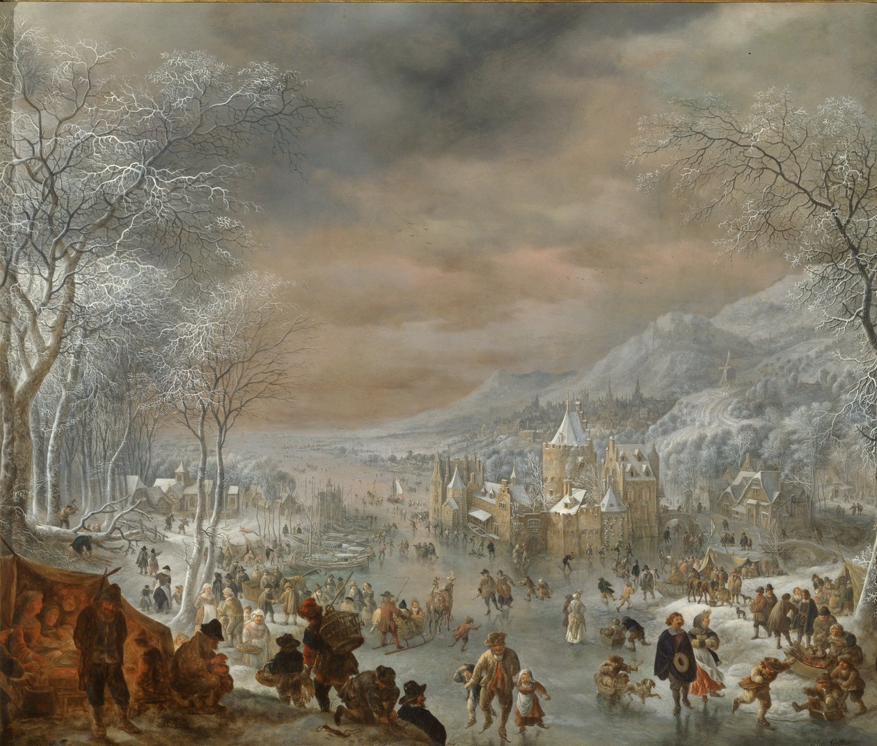 Paesaggio invernale con pattinatori, chiesa e villaggio lungo la riva di un fiume da Jan Griffier
