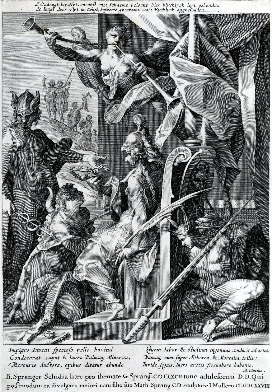 Mercurio e Minerva armano un eroe con una pelle di toro e una corona di alloro da Jan Harmensz Muller