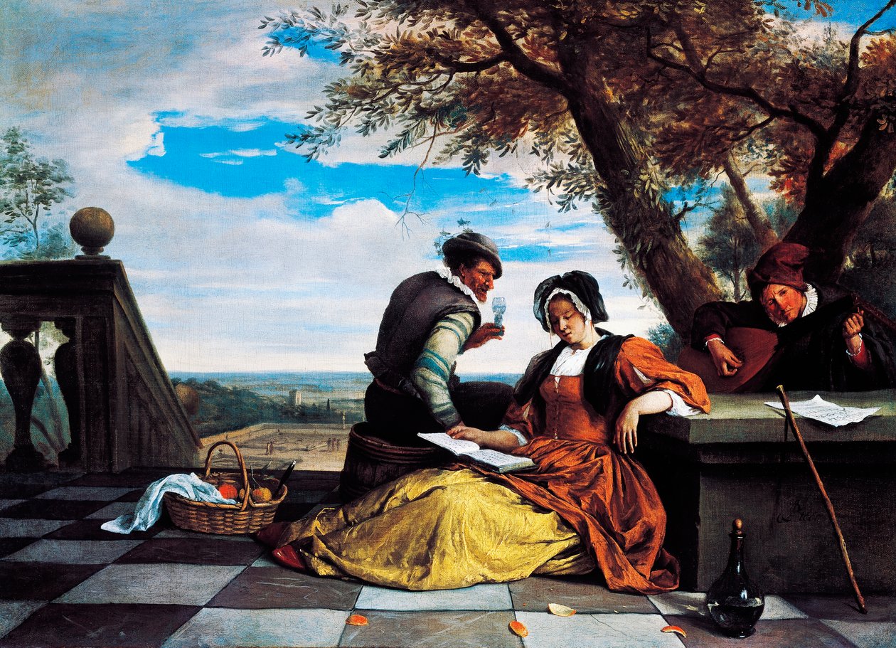 Due uomini e una giovane donna che fanno musica su una terrazza da Jan Havicksz. Steen