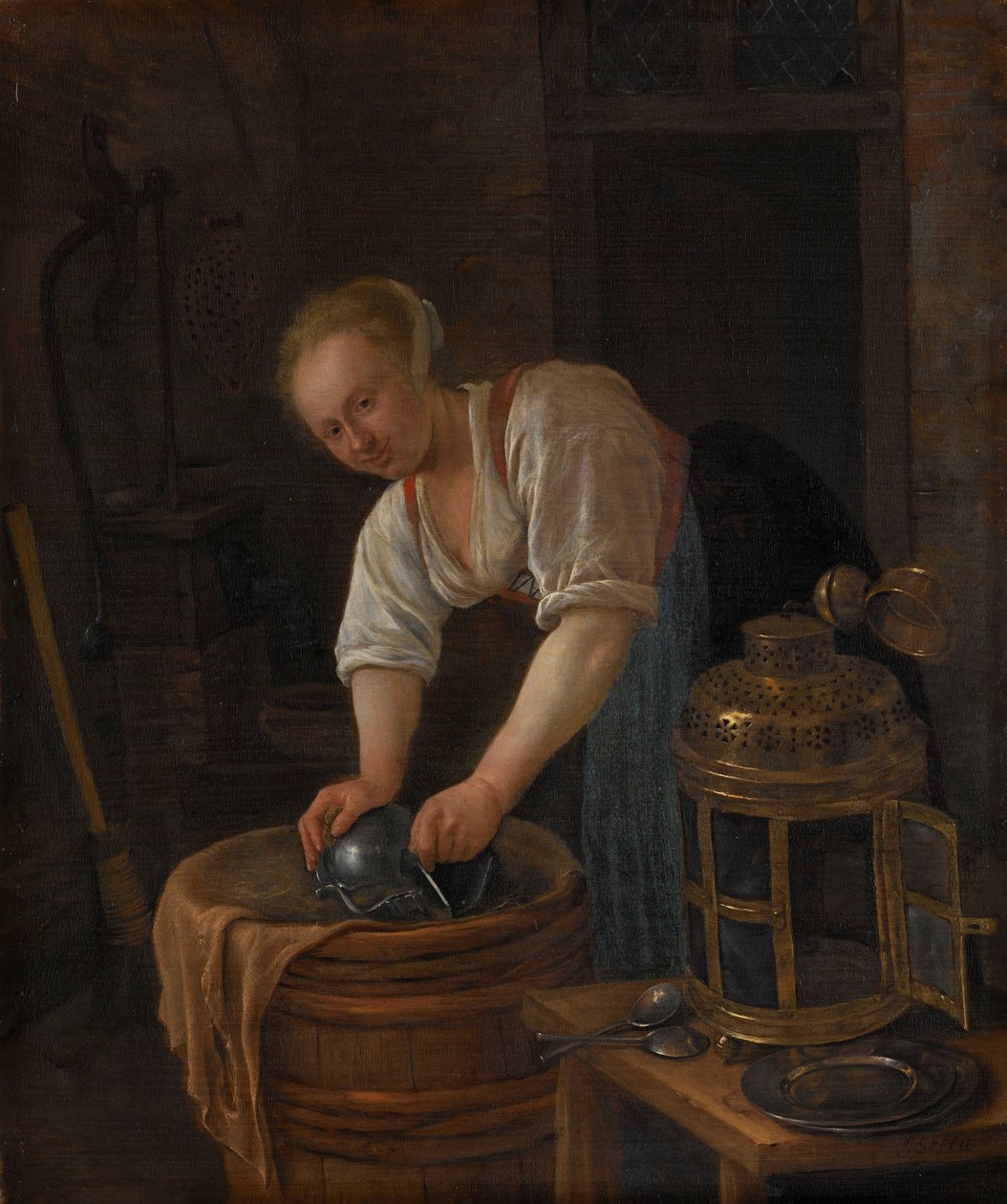 Donna che pulisce utensili di metallo da Jan Havicksz. Steen