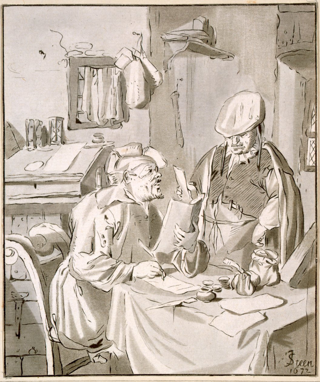 Due uomini che discutono di denaro in un ufficio, 1672, copiato da Cornelis Ploos van Amstel (1726-98) o Christian Josi (c.1765-1828) da Jan Havickszoon Steen