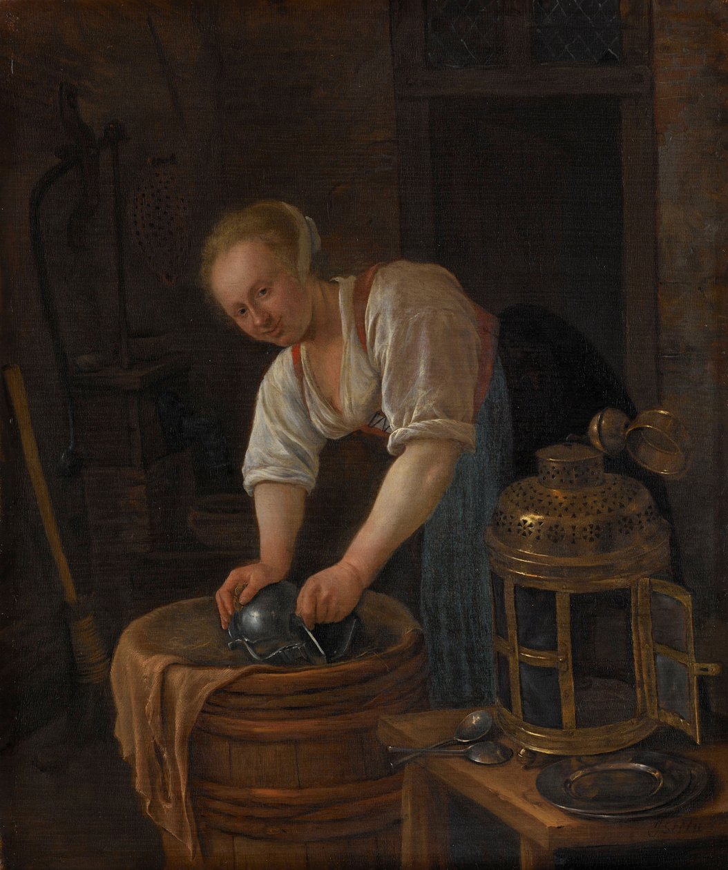 Donna che pulisce utensili di metallo, 1650-60 da Jan Havickszoon Steen
