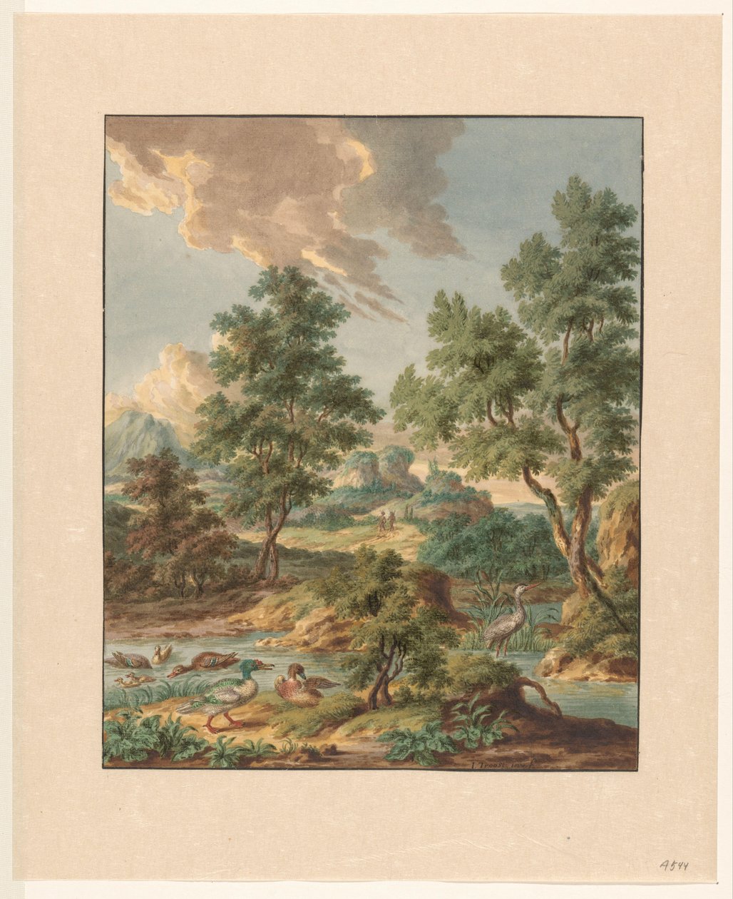 Paesaggio con uccelli acquatici in uno stagno da Jan Hendrik Troost van Groenendoelen
