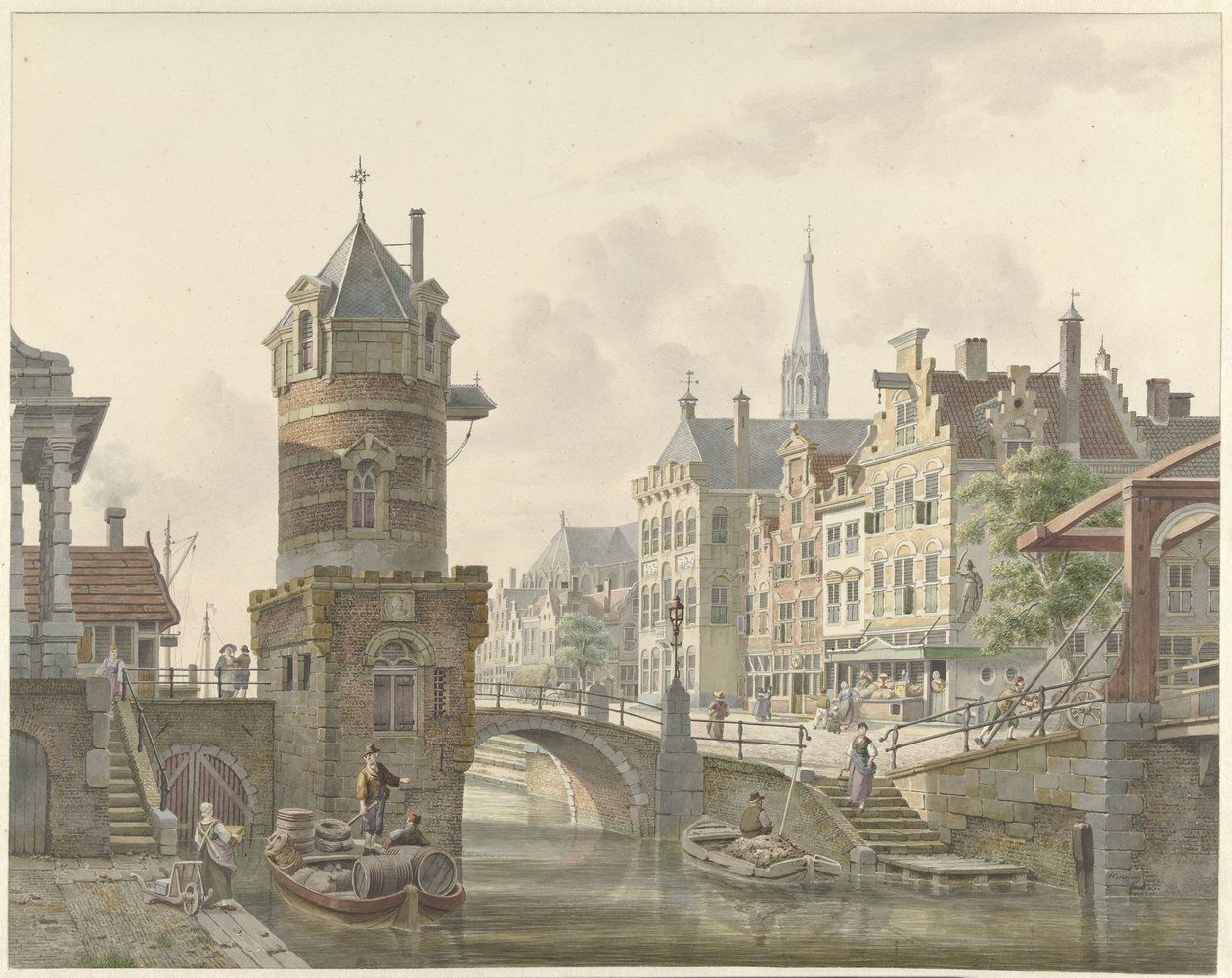 Canale in una città con una torre vicino a un ponte di pietra da Jan Hendrik Verheijen