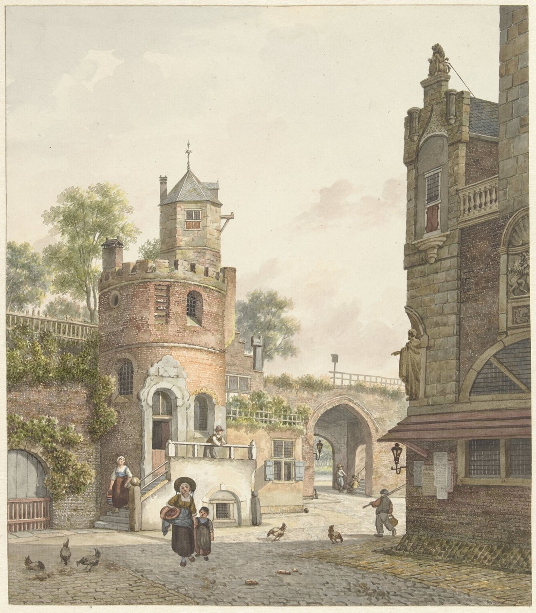 Mura della città con una torre e una porta, viste dall