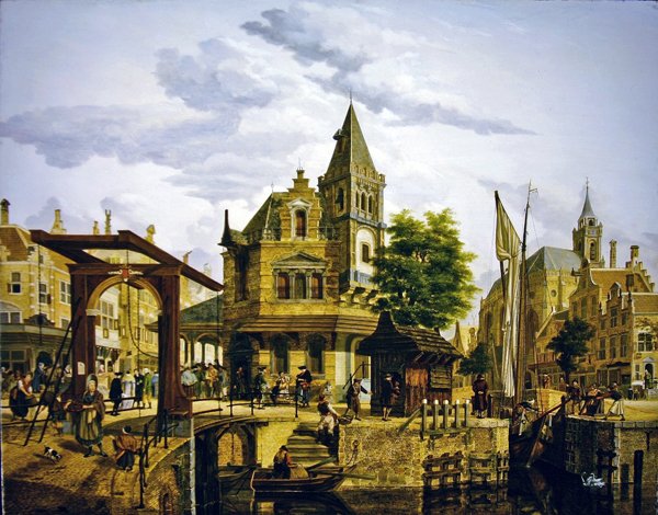 Scena di strada olandese lungo un canale da Jan Hendrik Verheyen