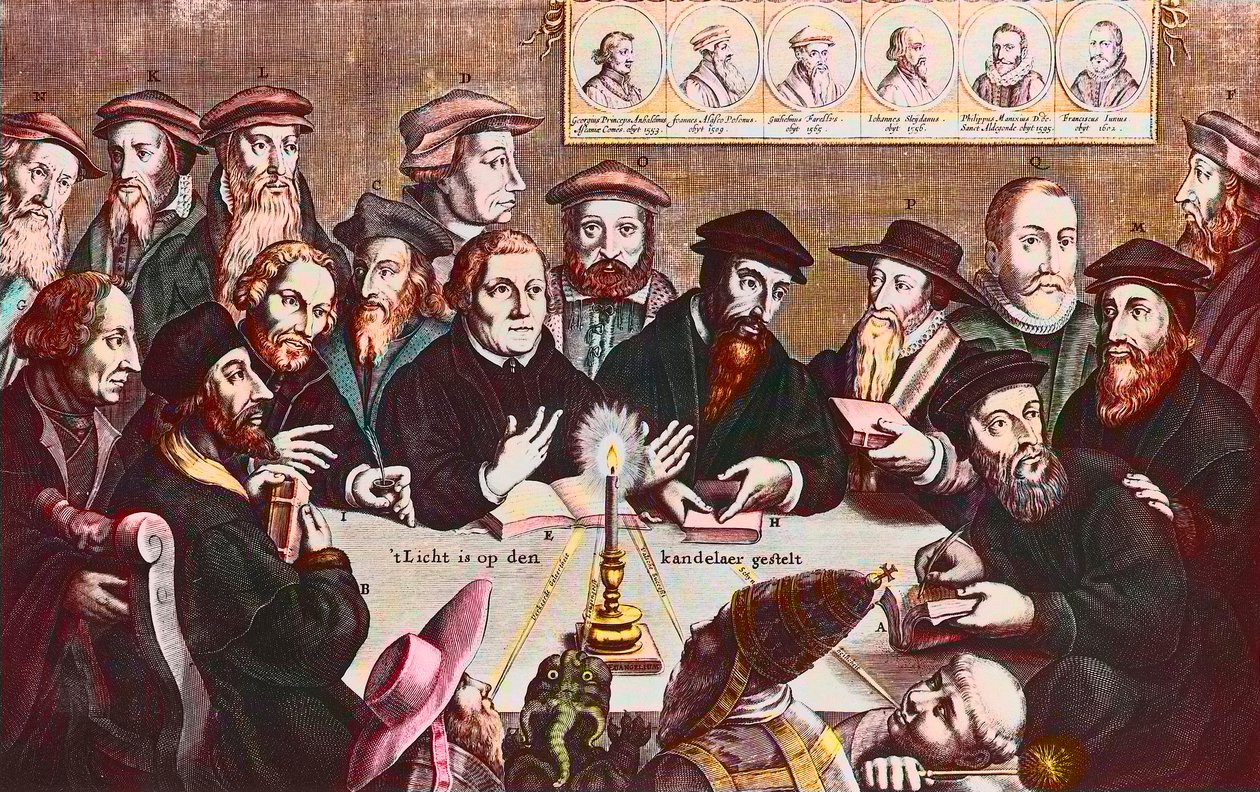 La luce è posta sul candelabro - Incisione di Jan Houwens che mostra i riformatori Giovanni Calvino e Martin Lutero incontro immaginario dei leader riformisti: John Wyclif da Jan Houwens