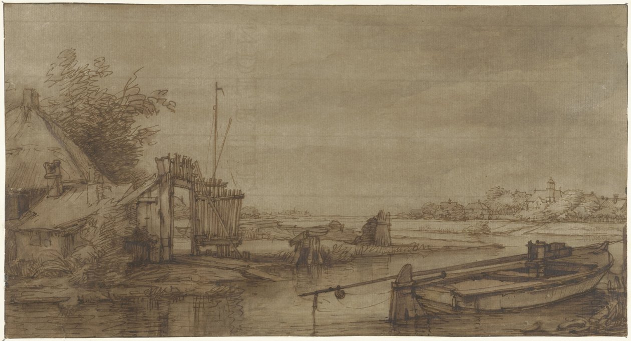 Vista del canale con fattoria e barca sdraiata da Jan Hulswit (possibly)