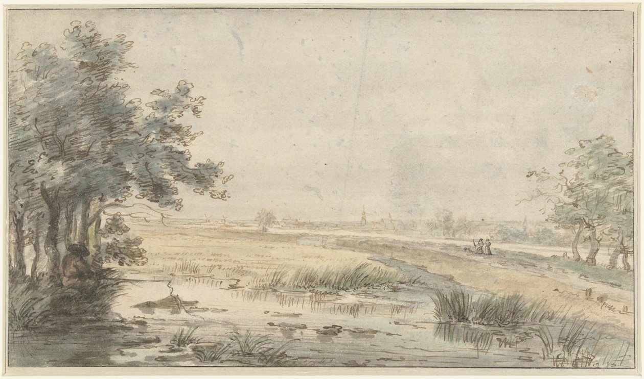 Paesaggio con un pescatore sulla riva da Jan Hulswit