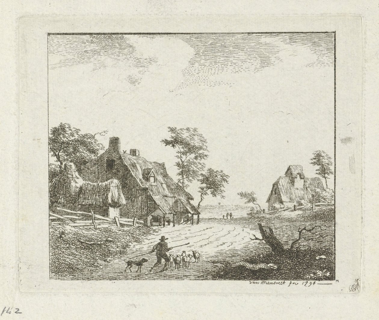 Paesaggio con pastore e pecore vicino a due fattorie da Jan Izaak van Mansvelt