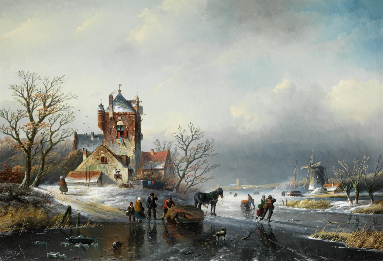 Jan Jacob Spohler Paesaggio invernale con mulino a vento e pattinatori sul ghiaccio da Jan Jacob Spohler