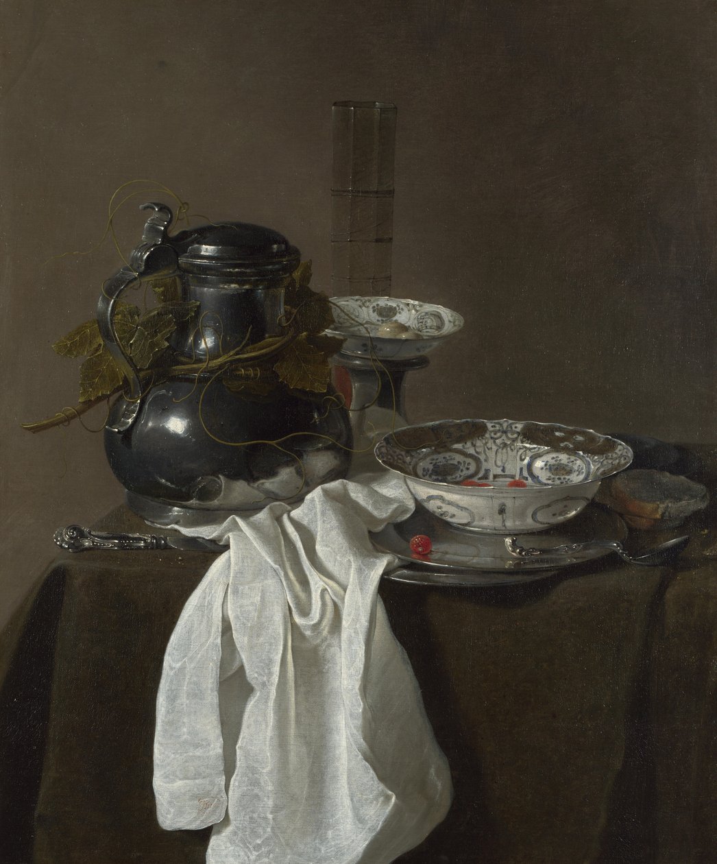 Natura morta con un boccale di peltro e due ciotole Ming, 1651 da Jan Jansz. Treck
