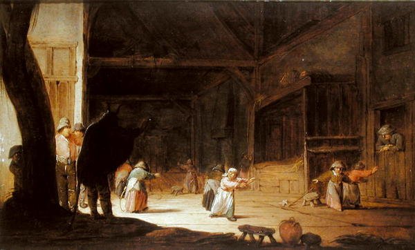 Un mascherato che spaventa i bambini in un fienile da Jan Jansz van Buesem