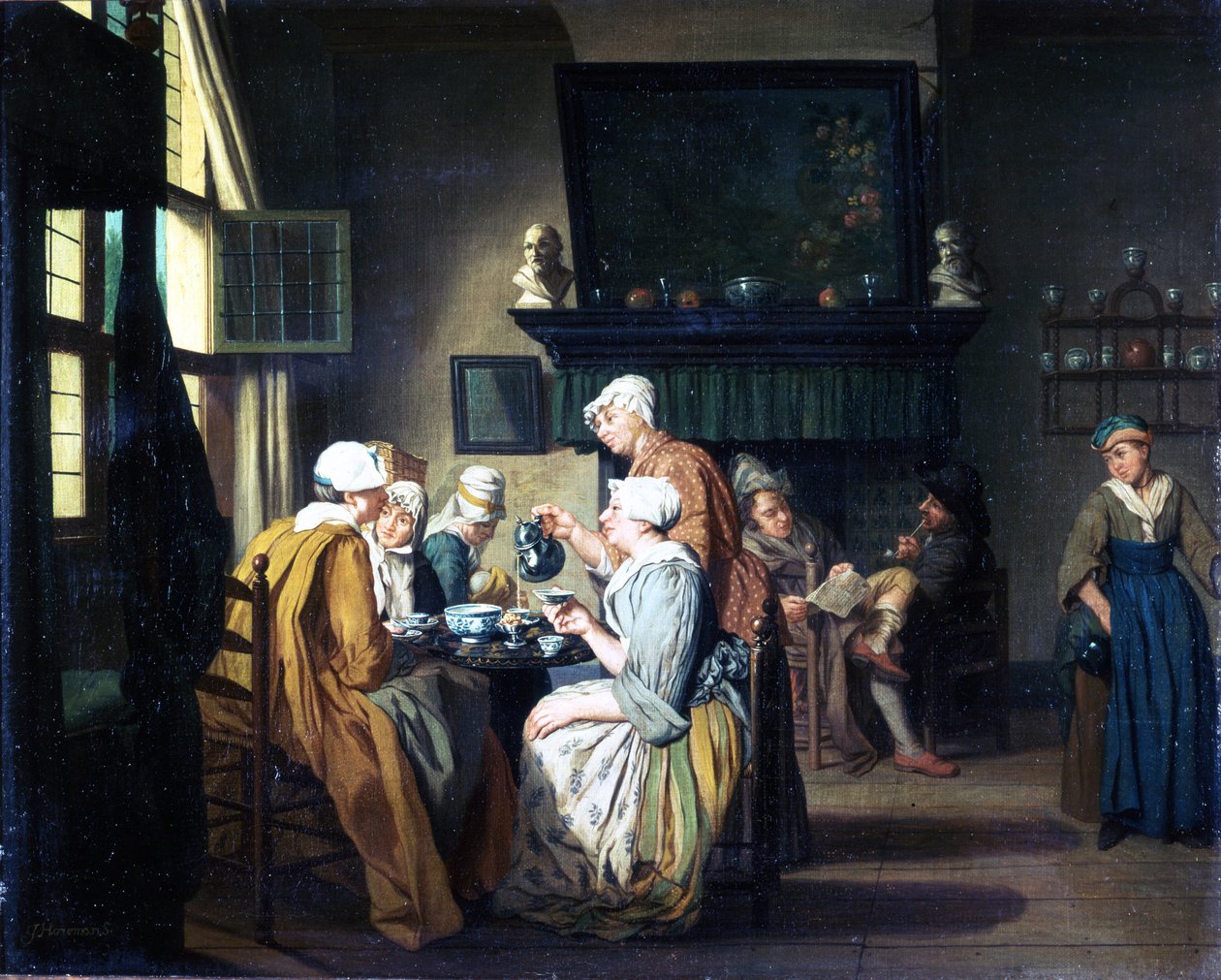 Interno borghese con signore che bevono tè, un uomo che legge vicino al camino da Jan Josef the Elder Horemans